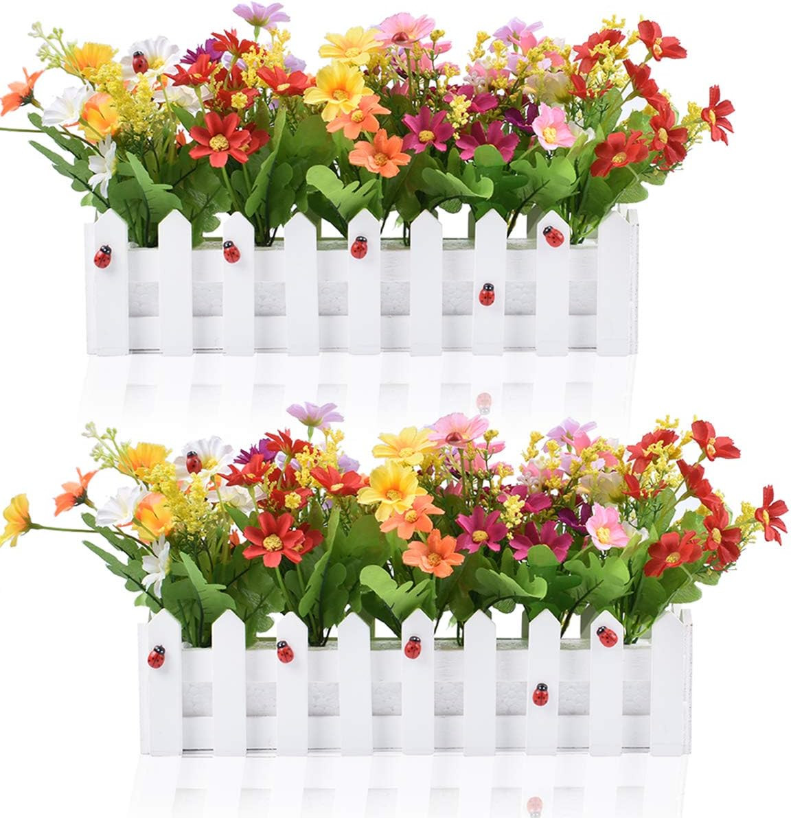 Artificial Flower Plants – Mixed Color Daisies in Picket Fence Pot for Indoor Of