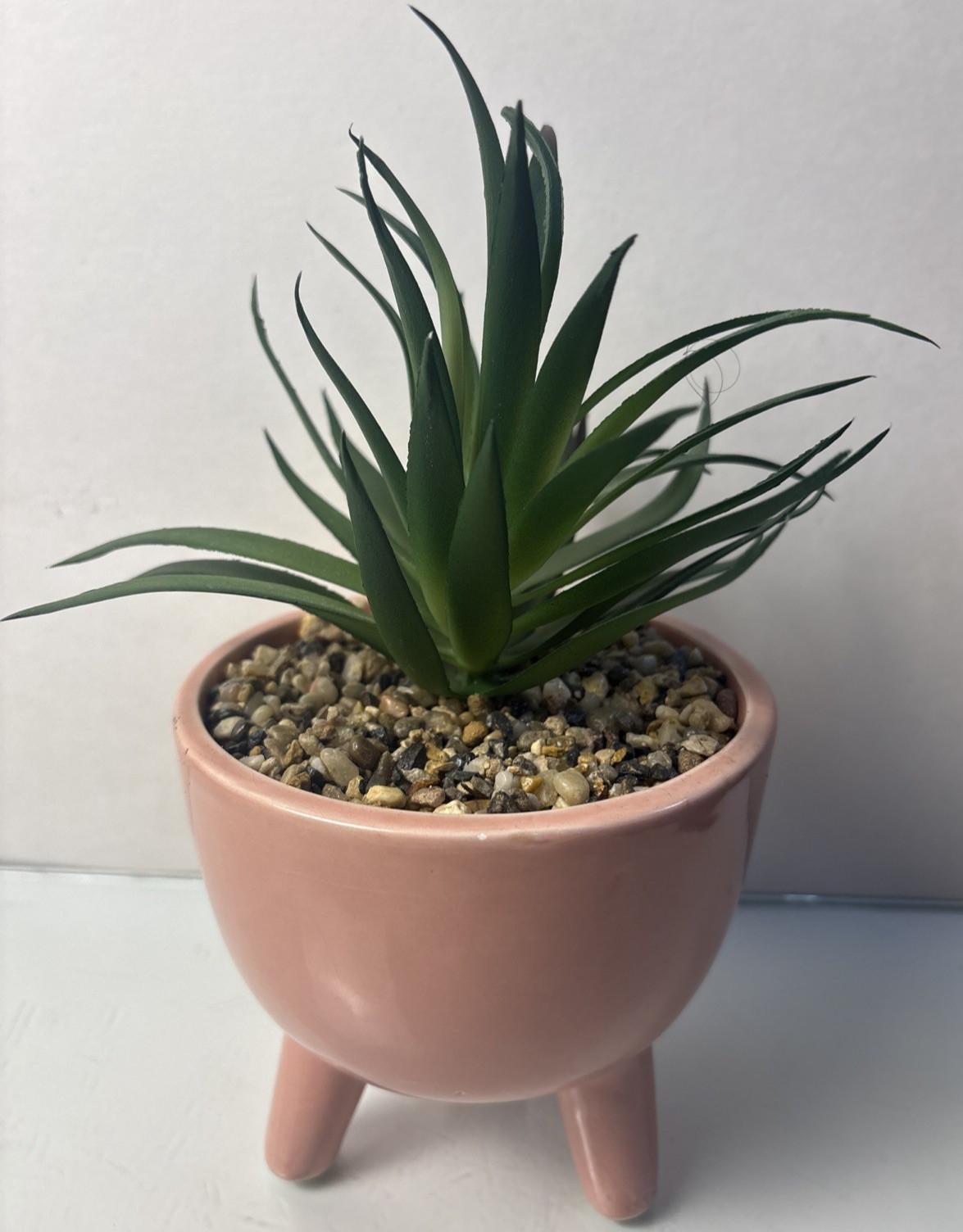 Ceramic Planter w Faux Succulent Pink Tripod Pot Mid Century Style Decor