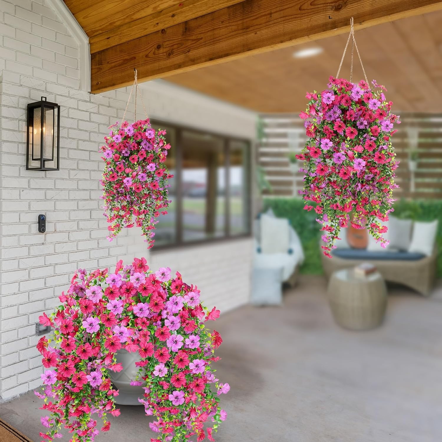 Artificial Fake Hanging Flowers Plants for Outdoor Outside 2PCS Hot pink-Magenta