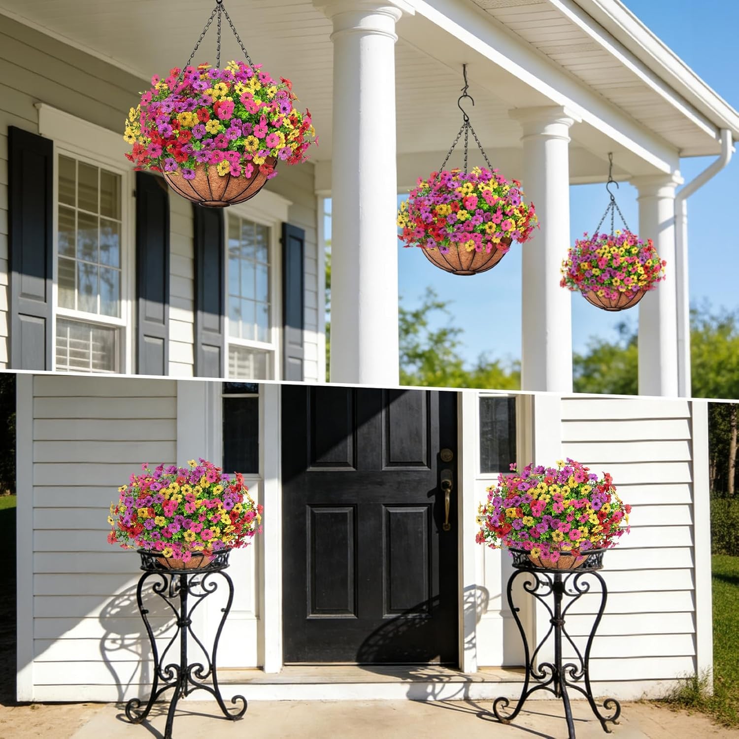 Artificial Hanging Flowers in Basket for Patio Garden Porch Deck Decor Outdoors