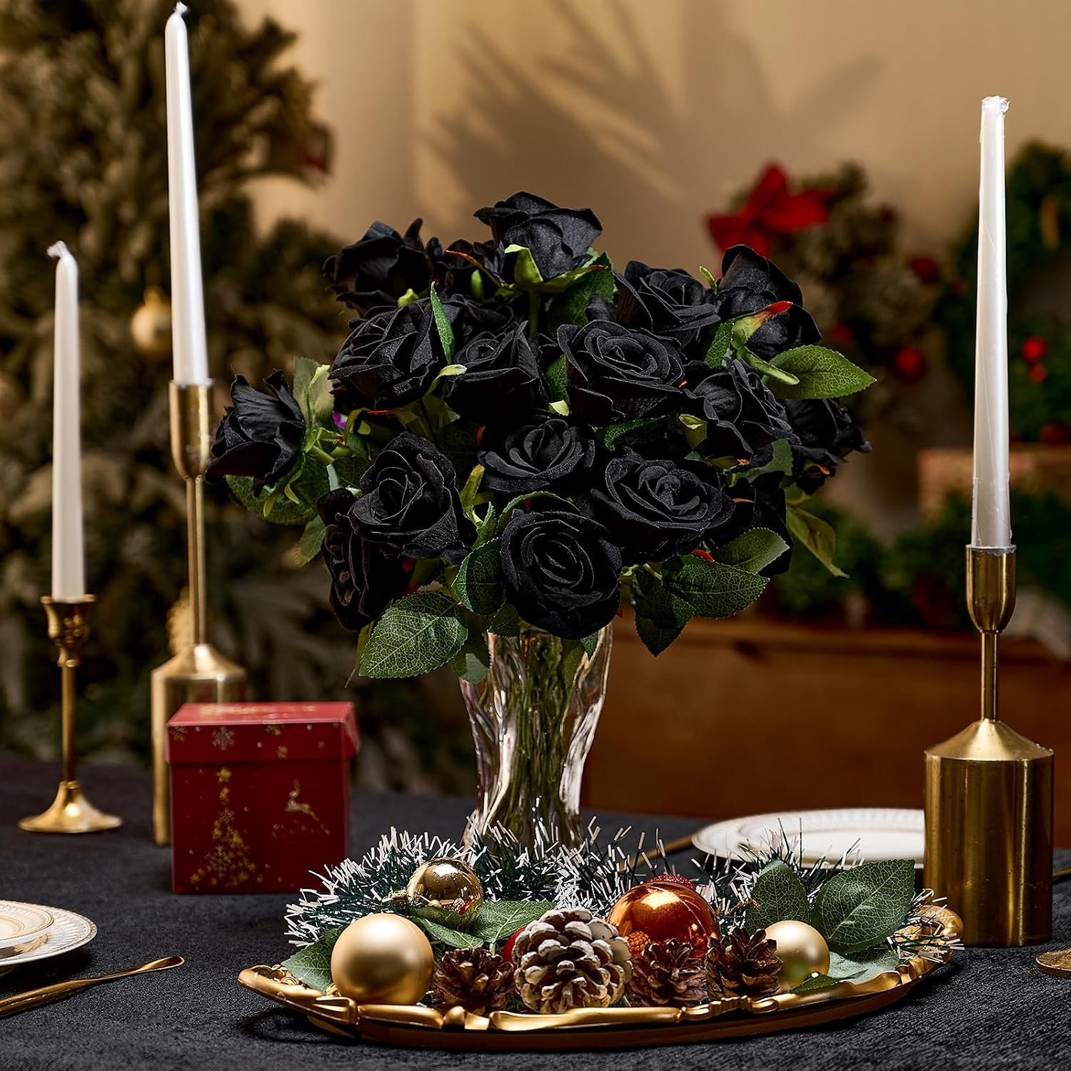 Amyhomie 48 PCS Black Roses Velvet Realistic Artificial Flowers with Bendable St