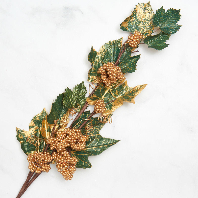 Set of 6 Factory Direct Craft Gold Berry Cluster and Leaf Stems