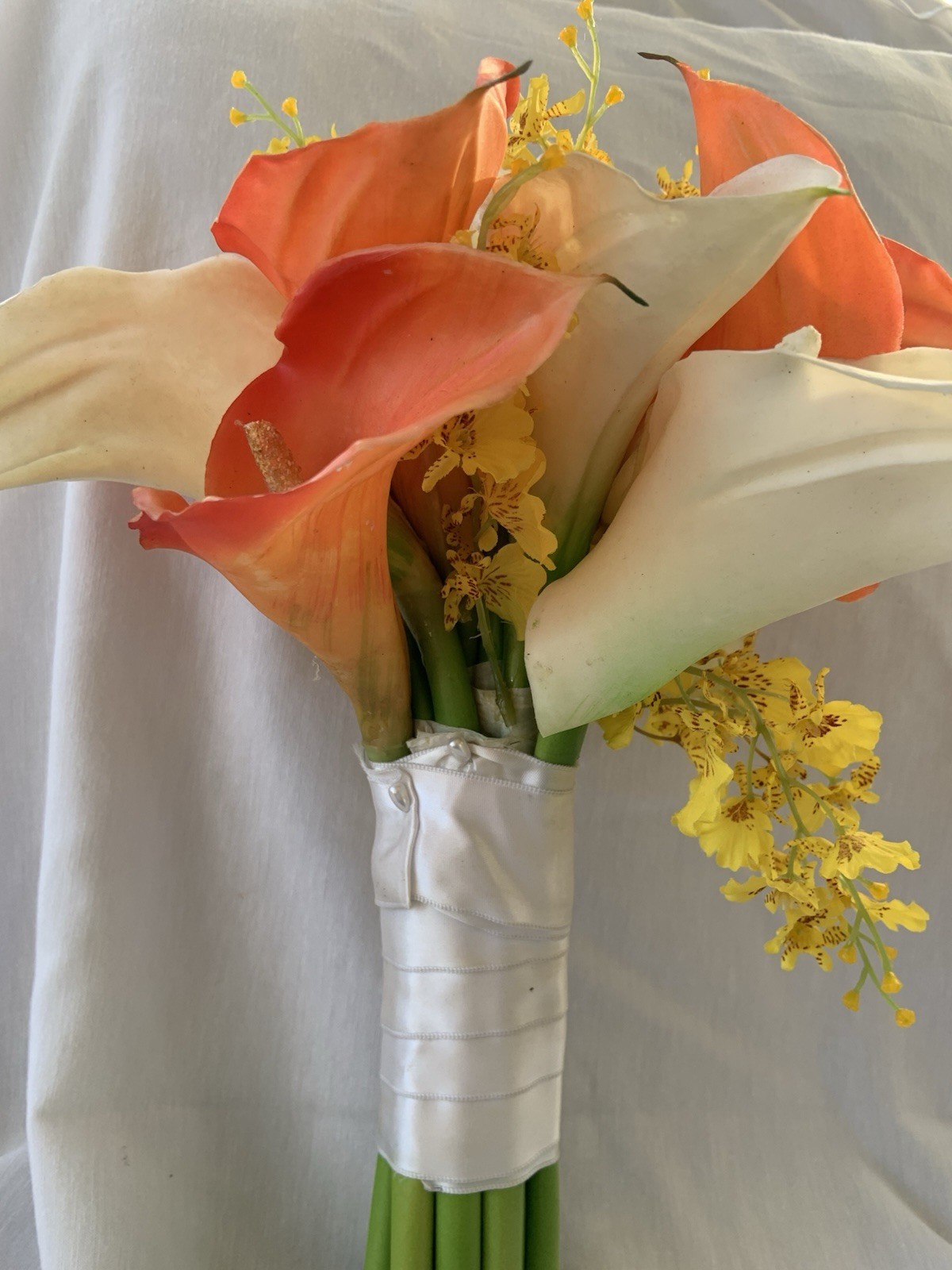 Bridal Prom Lily Bouquet Orange White Flowers Exotic Realistic Faux Rubber Soft