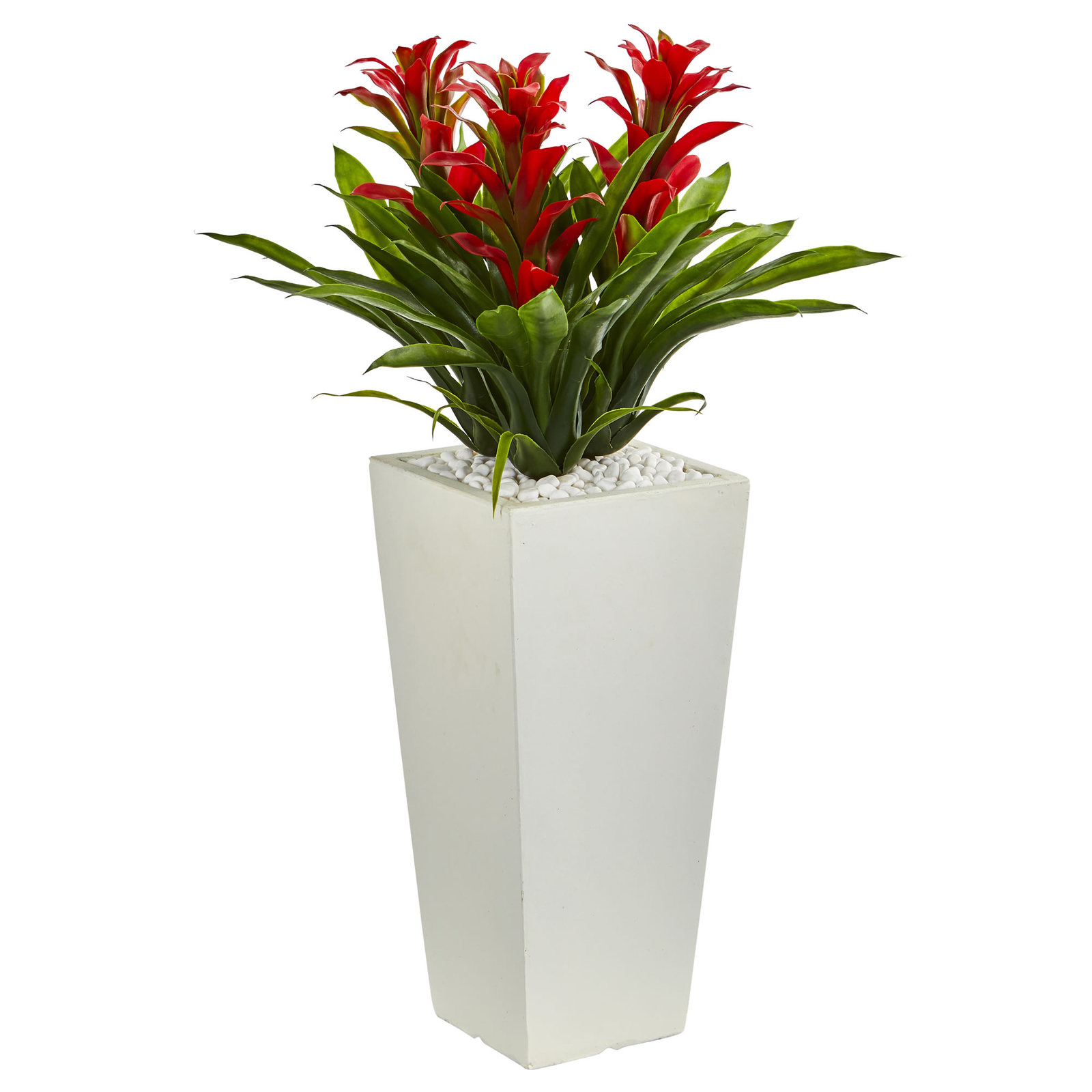 Triple Bromeliad Artificial Plant White Tower Planter Decor Nearly Natural Red