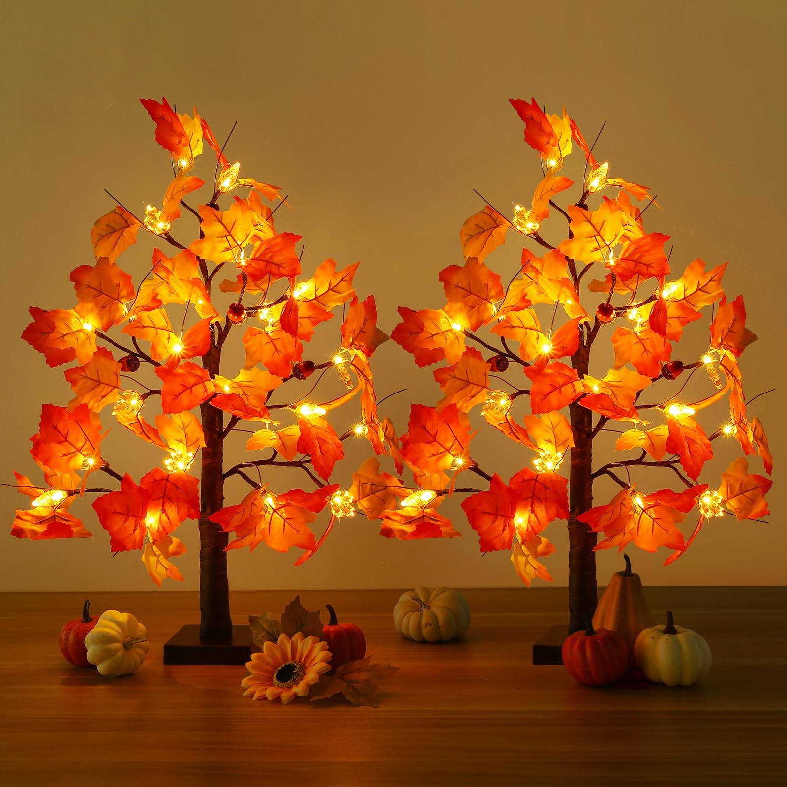 2 Pack 23.5 Inch Fall Trees with Lights, Timer Battery Operated Fall Light Up…
