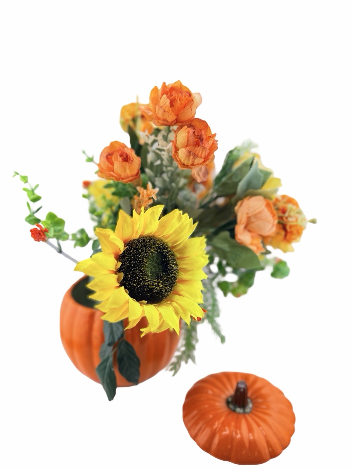 13” Pumpkin Vase Floral Arrangement Sunflower Fall Harvest Thanksgiving Decor