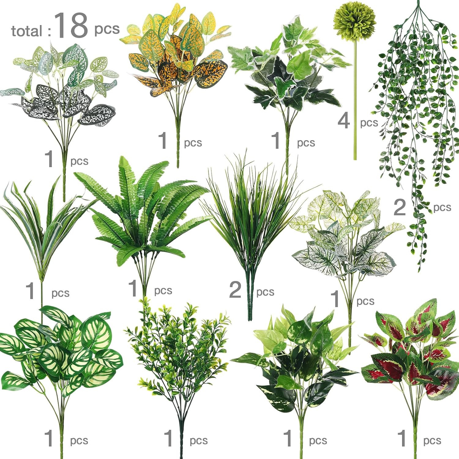 18 Pcs UV Resistant Fake Plants for Outdoor Decor – Greenery Stems & Bushes