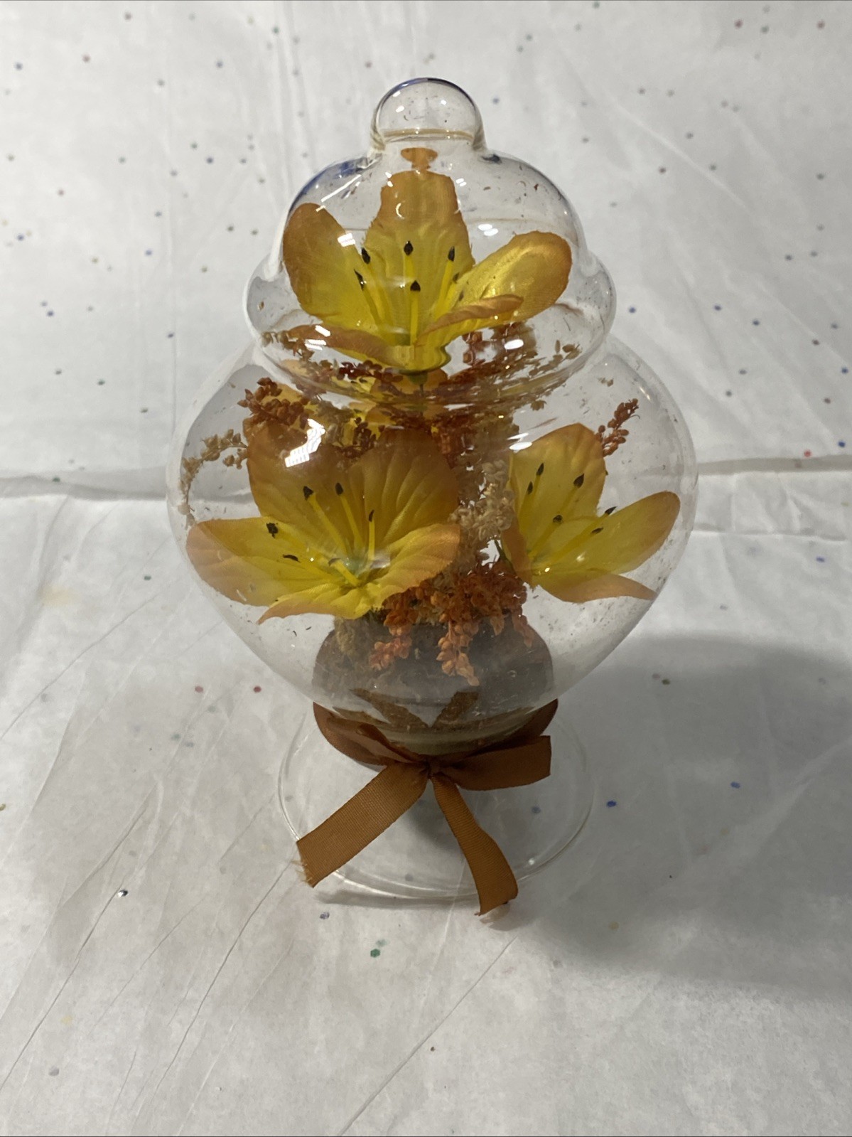 Vintage Glass Dome Egg Cloche Yellow Flowers
