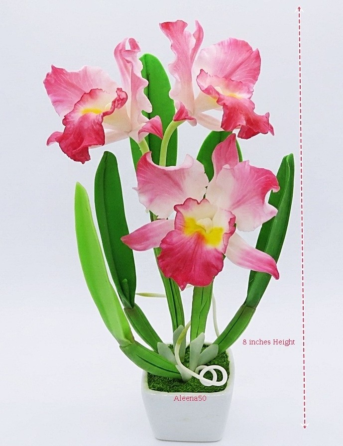 8″H L-Sized Handcrafted Clay Cattleya Orchid Arranged in a Ceramic Pot US Stock