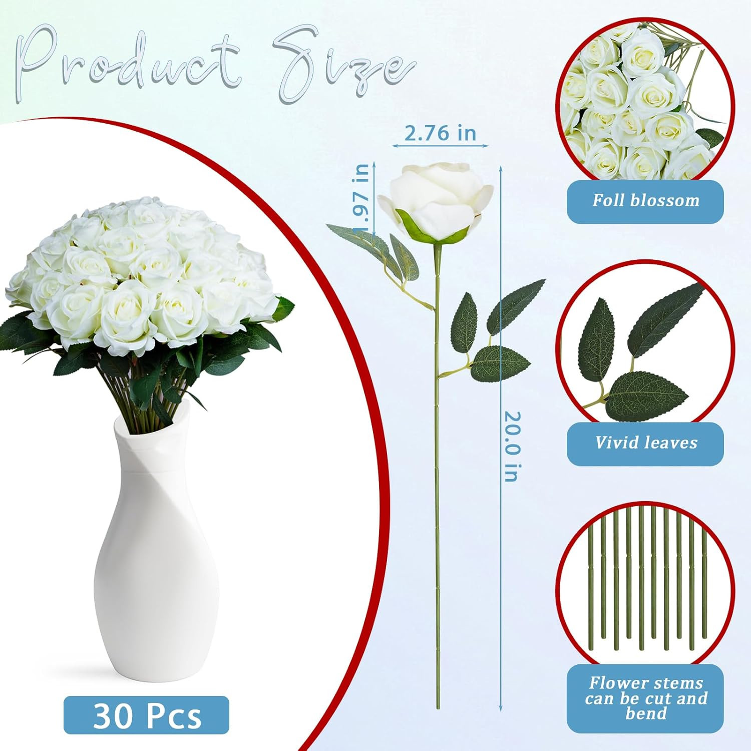 30Pcs Fake Roses Artificial Silk Flowers Long Stems Bouquet for Wedding Bridal S