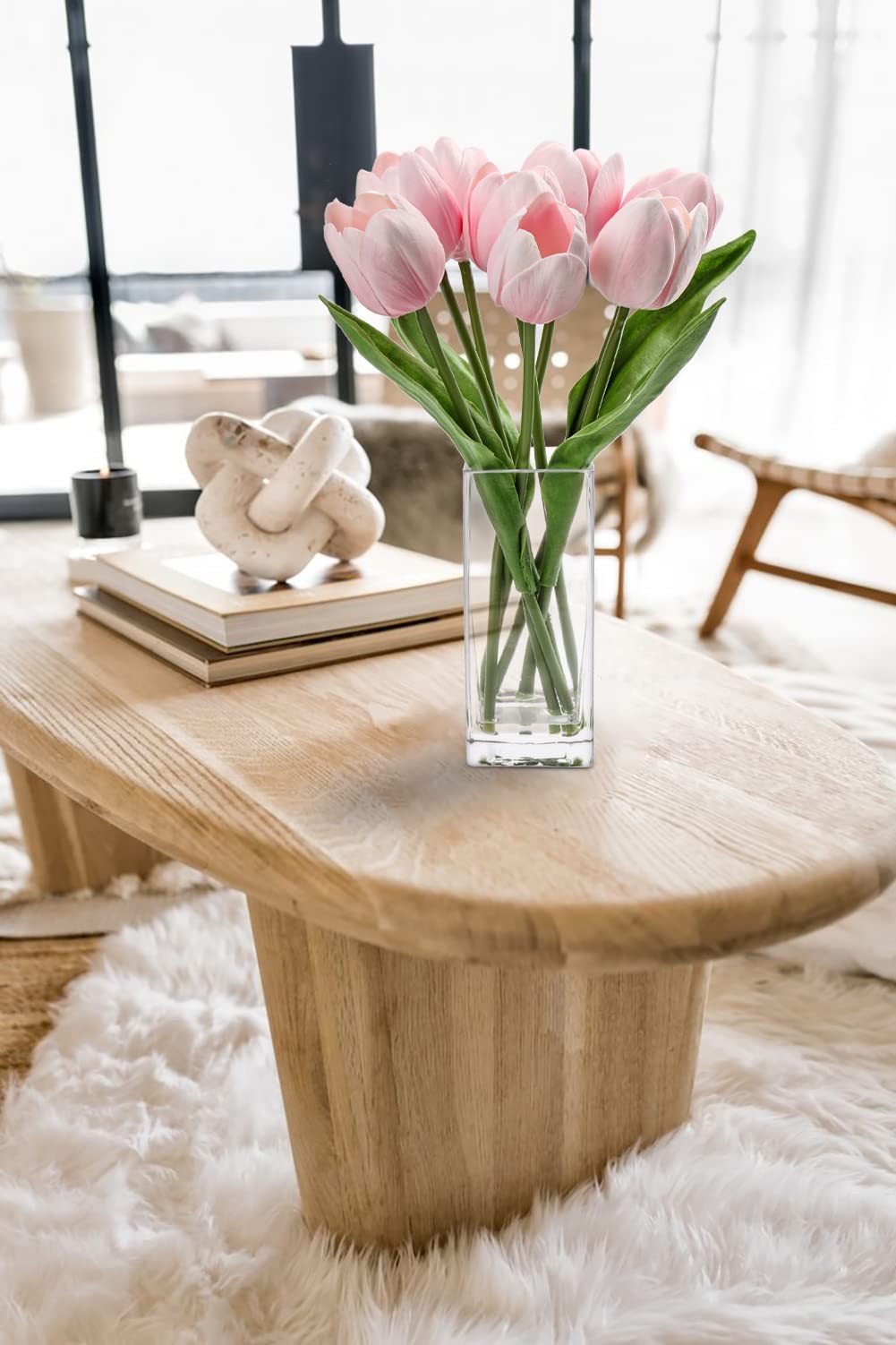 Pink Artificial Tulip Flower Fake Flowers Clear Vase Real Touch Arrangement