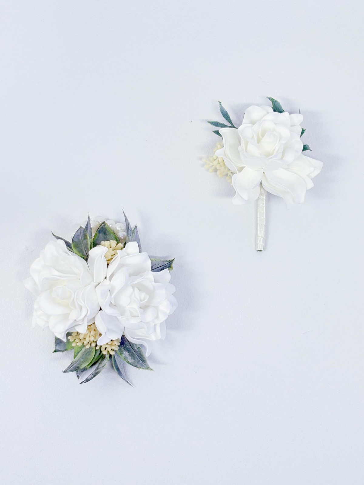 White Corsage And Boutonniere Set Wedding Flower Accessories Prom Suit Decor