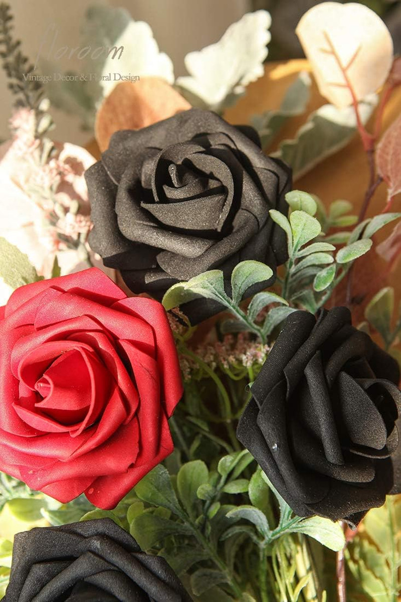 Artificial Flowers 25Pcs Real Looking Black Foam Fake Roses with Stems for DIY W