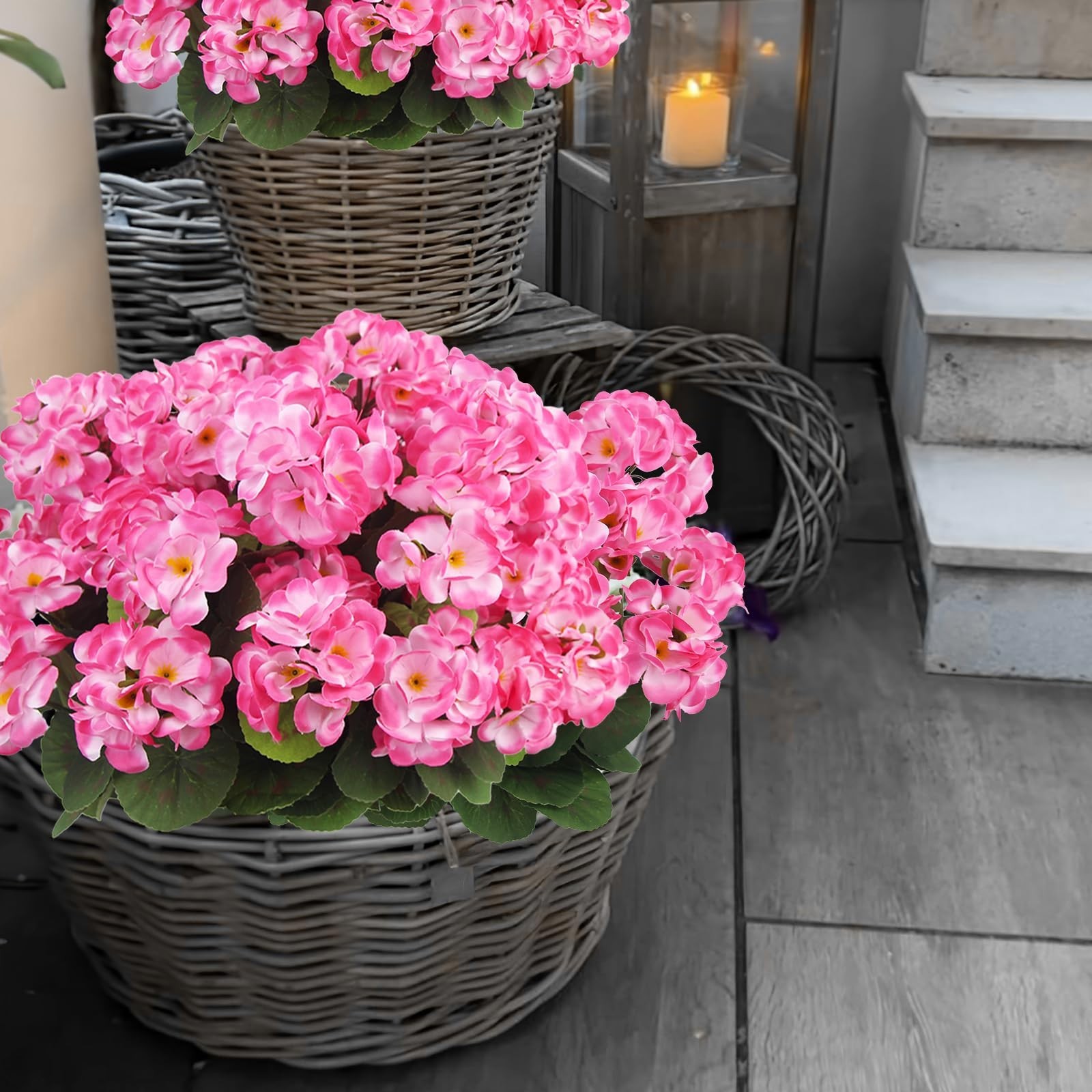 8 Pcs Pink Artificial Geraniums – UV Resistant Faux Flowers for Home, Garden, Pa