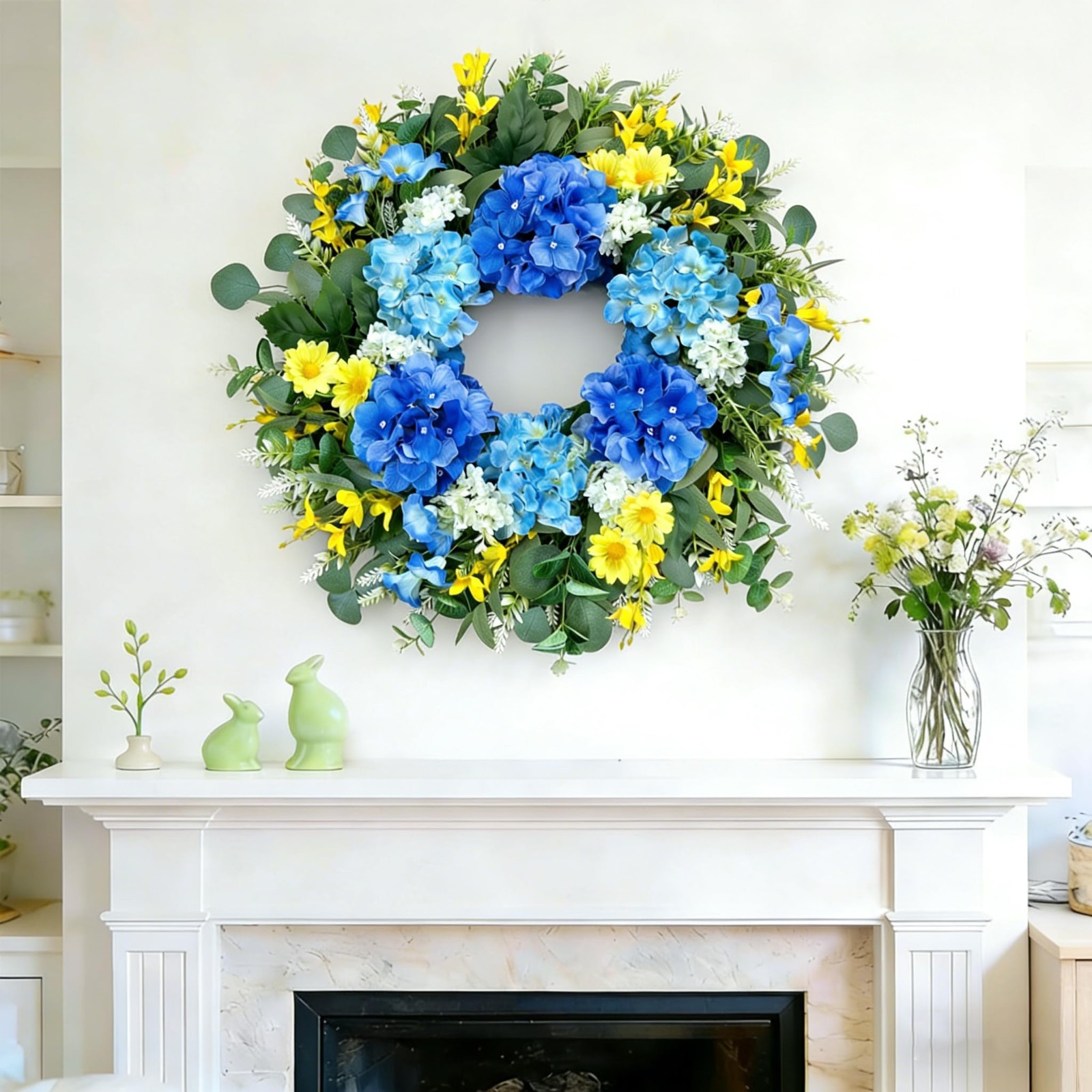 Large 26″ Artificial Spring Wreath – Silk Hydrangea, Yellow Daisy & Eucalyptus –
