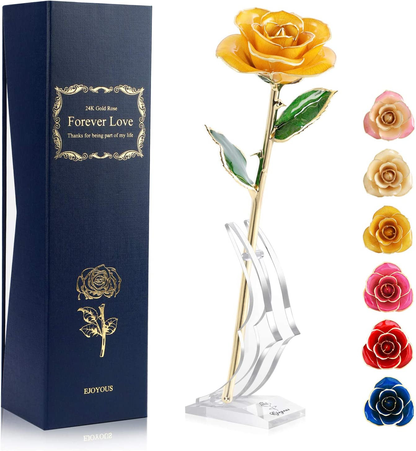 24K Gold Dipped Real Rose W/Rose Stand Forever Blooming Yellow Golden Rose Gift