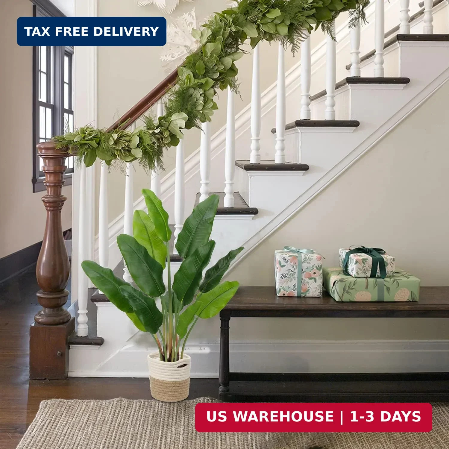 2pcs Large Artificial Bird of Paradise Plant in Pot, 30″ Fake Palm Tropical Fern