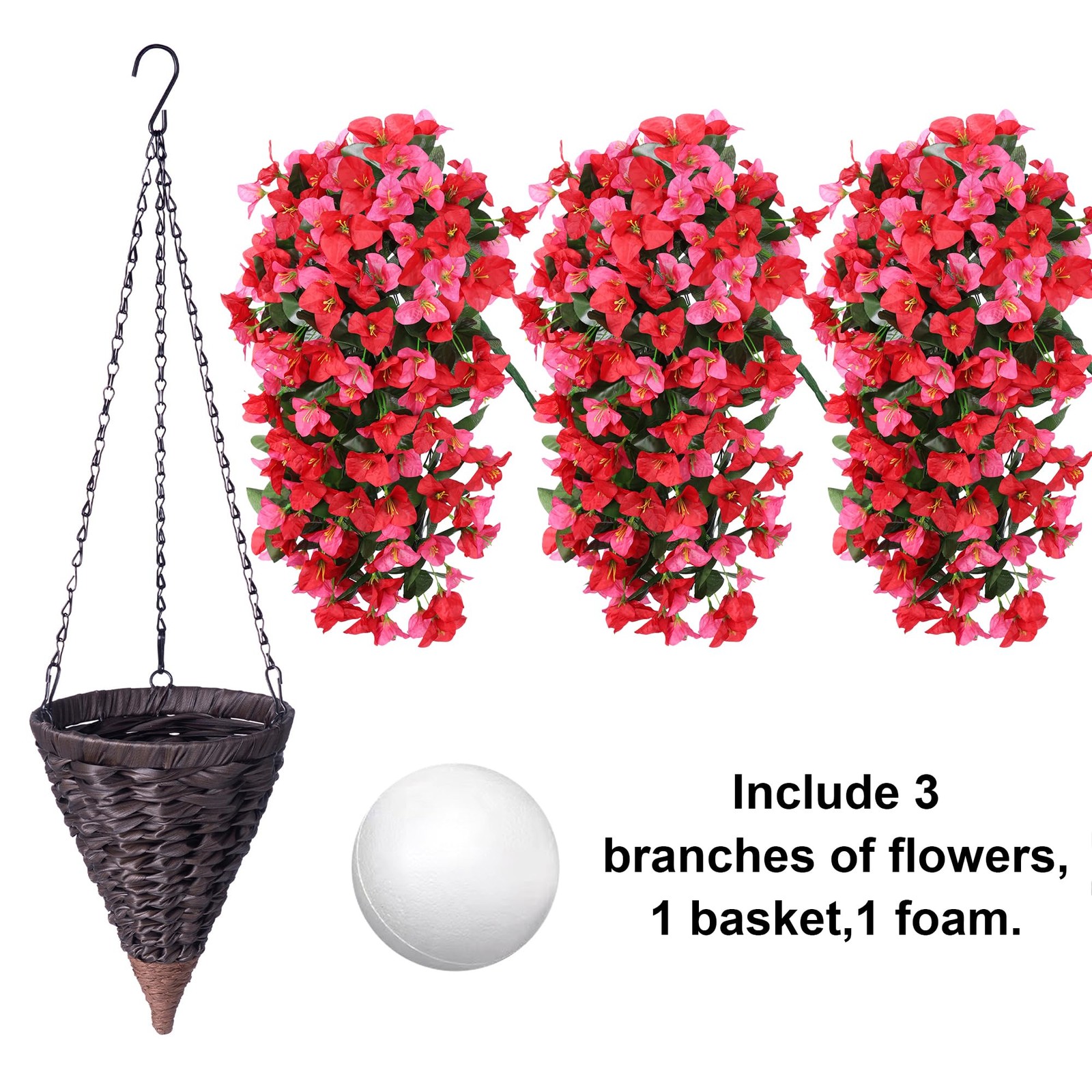 Artificial Bougainvillea Faux Flowers Plants Baskets for Outdoor Outside Deco…