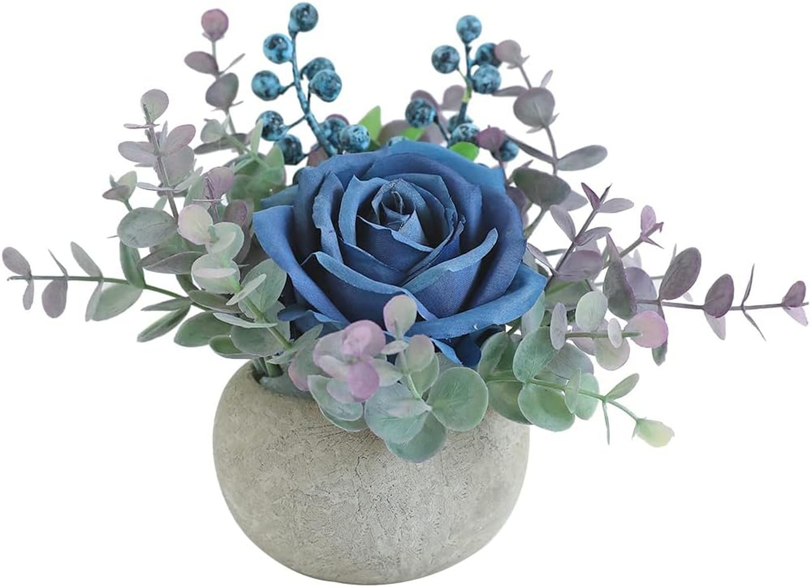 Small Artificial Blue Rose Potted Plant 6 Inch Faux Silk Flowers in Round Pot