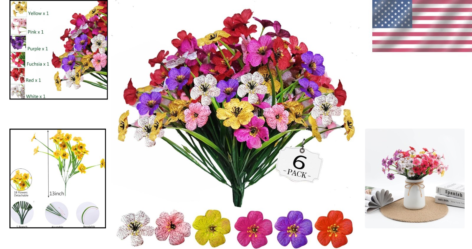 6-Bundle Artificial Flowers Set – No Fade Faux Plants for Indoor & Outdoor Decor