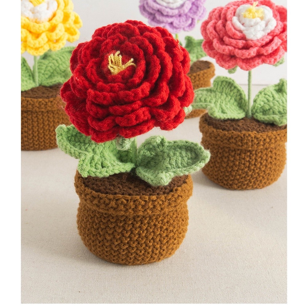 Crochet Peony Artificial Flower in Pot Handmade 17cm Milk Cotton Piece