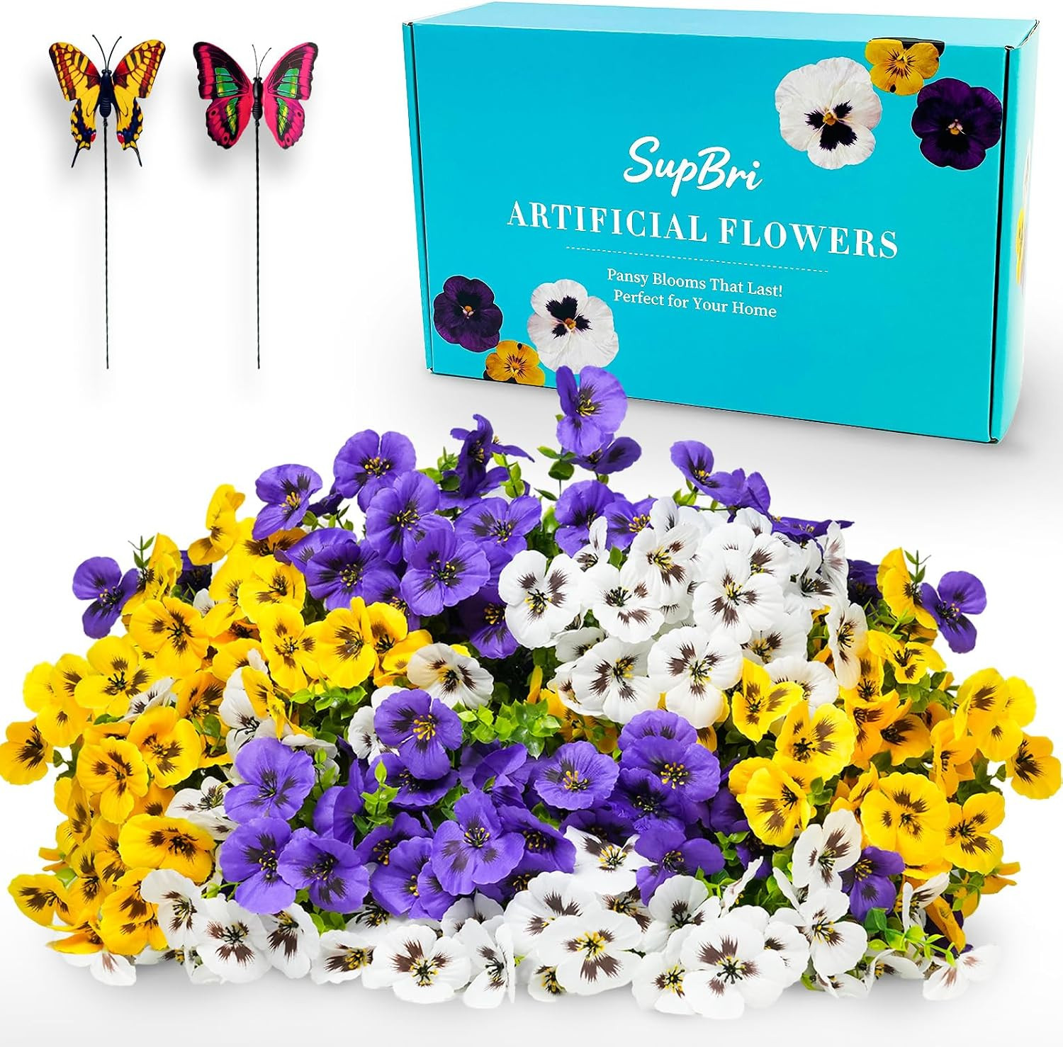 Artificial Silk Pansy Flowers with Decorative Butterflies, UV Resistant Waterpro