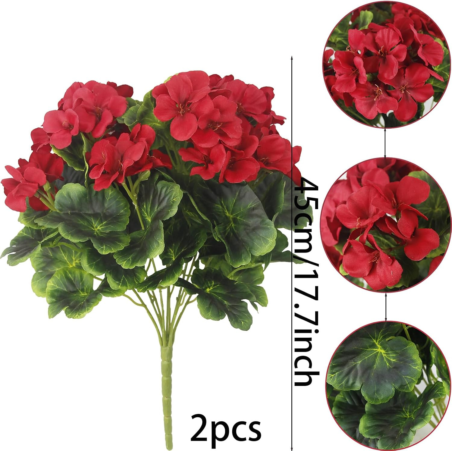 2 Pcs Artificial Geraniums for Outdoor Silk Geranium Flowers Red Artificial Gera