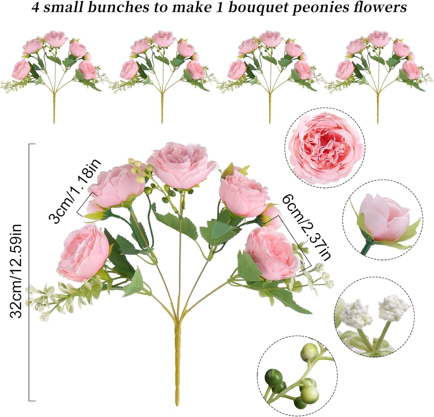 Artificial Peonies Silk Flowers, Faux Peony Bouquet 4 Bundles Florals Arrange..