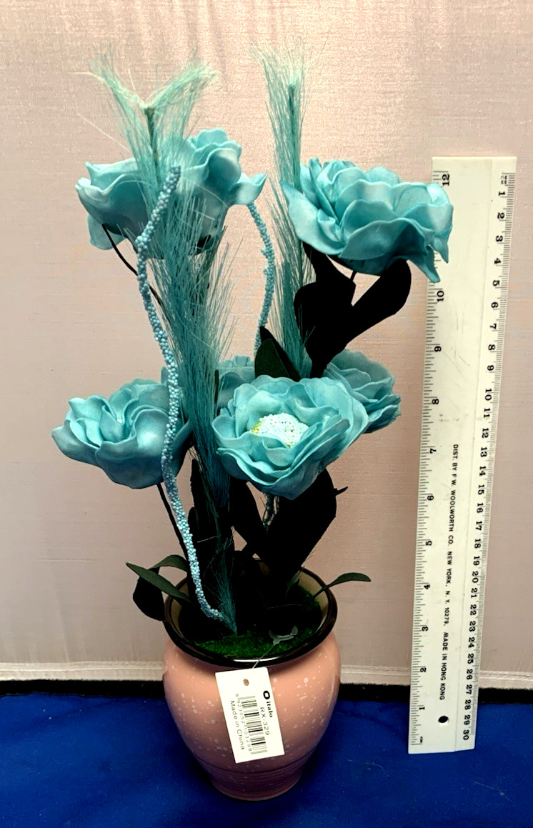 14″Aqua Blue 3″ Open Roses Artificial Silk Flowers Teal in Pink ceramic Vase