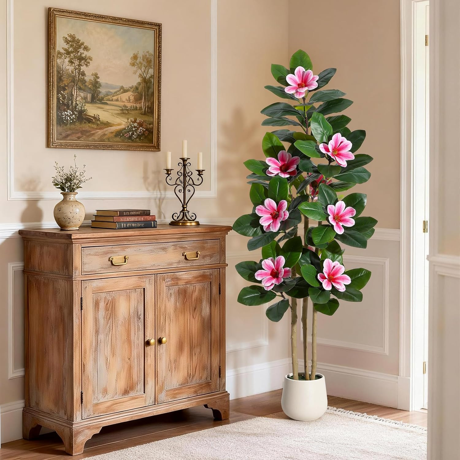 60″ Faux Rubber Tree with Real Touch Leaves & Pink Flowers for Home Decor