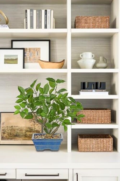 Fake Plants Small Artificial Plants Indoor 15.3″ Fake Potted Green -Blue Pot