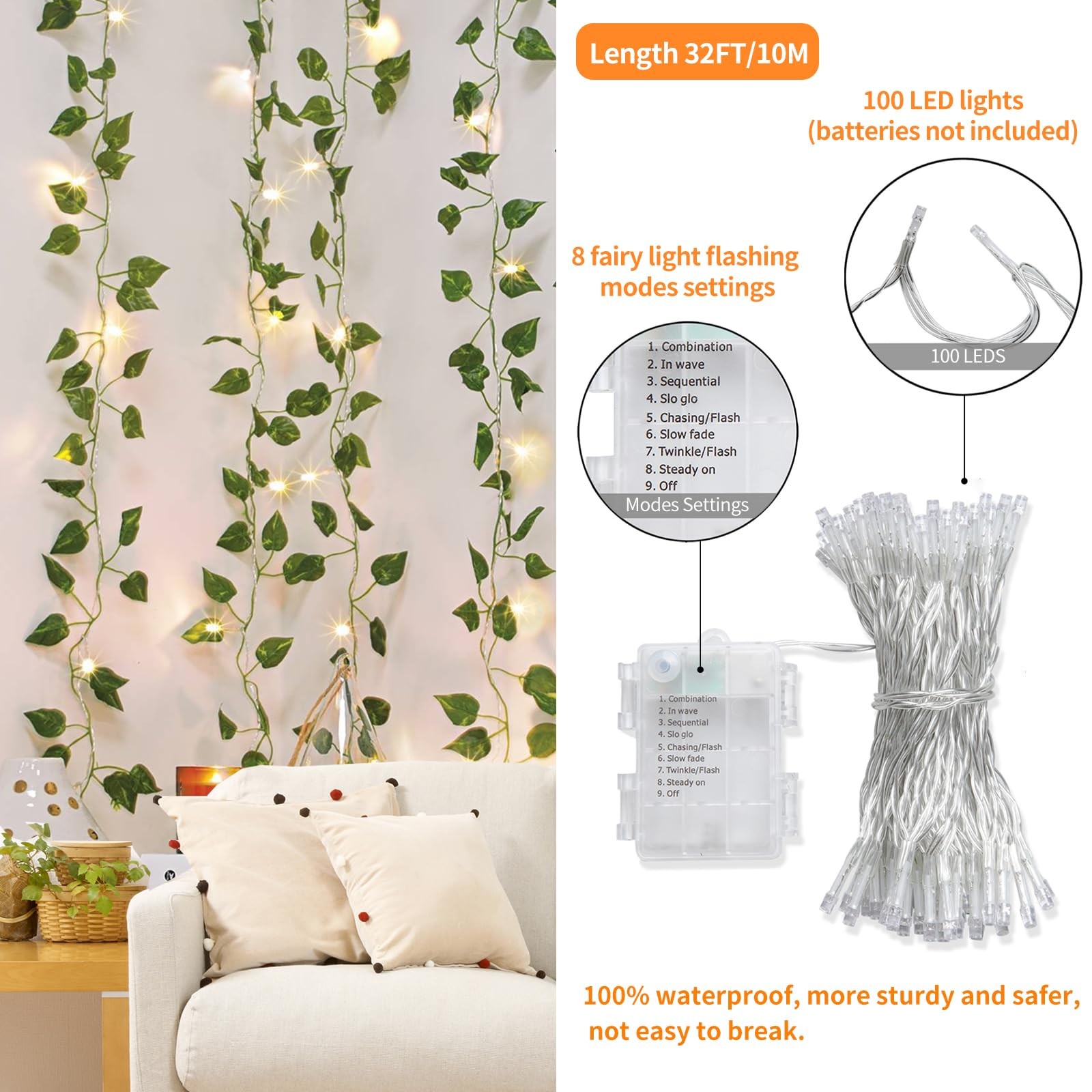 14 Pack 98ft Fake Ivy Vines, Artificial Ivy Garland with 100 LED String Light…