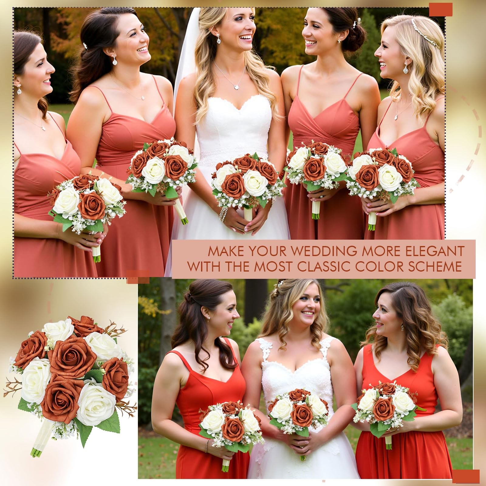 2 PCS 7 Inch Burnt Orange Rose White Baby’s Breath Wedding Bouquet Set