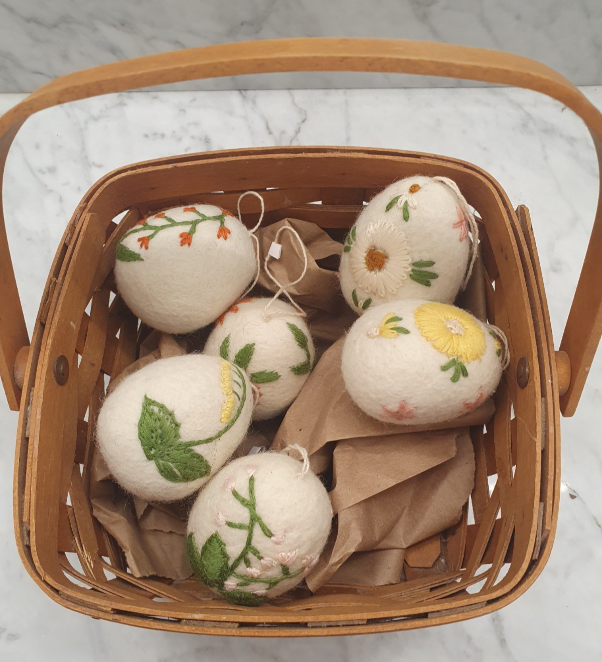 6 Cottage Core Farmhouse Chic Boiled Wool Eggs Embroidered Flowers Basket Decor