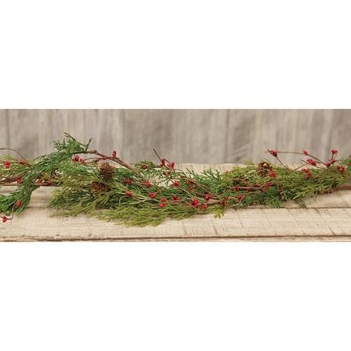 SALE Primitive Farmhouse Christmas CEDAR PINE RED BERRY GARLAND Vine Swag 4ft.