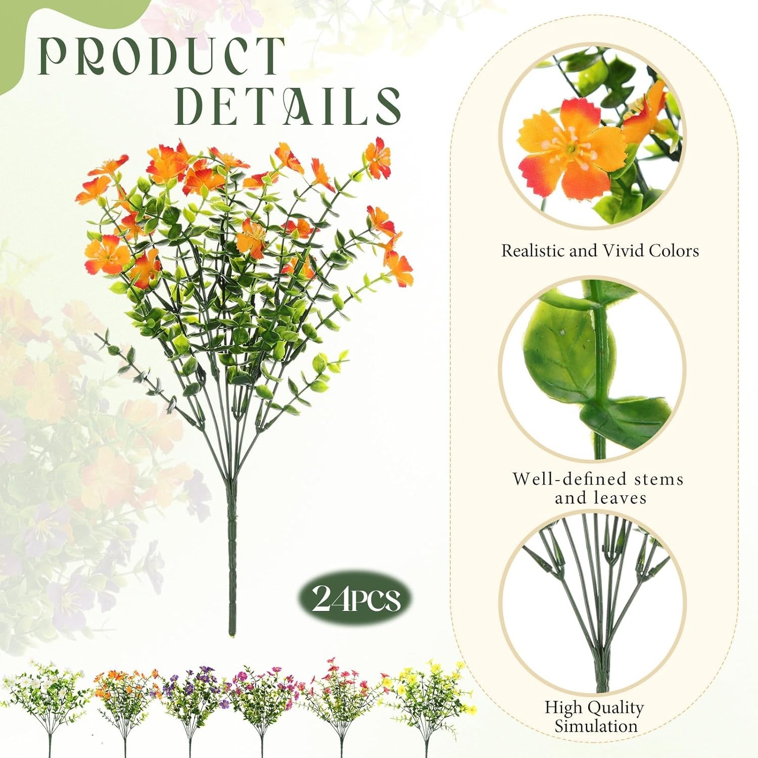 24 Pack Artificial Flowers Outdoor UV Resistant, 6 Colors Realistic Fake Flow…