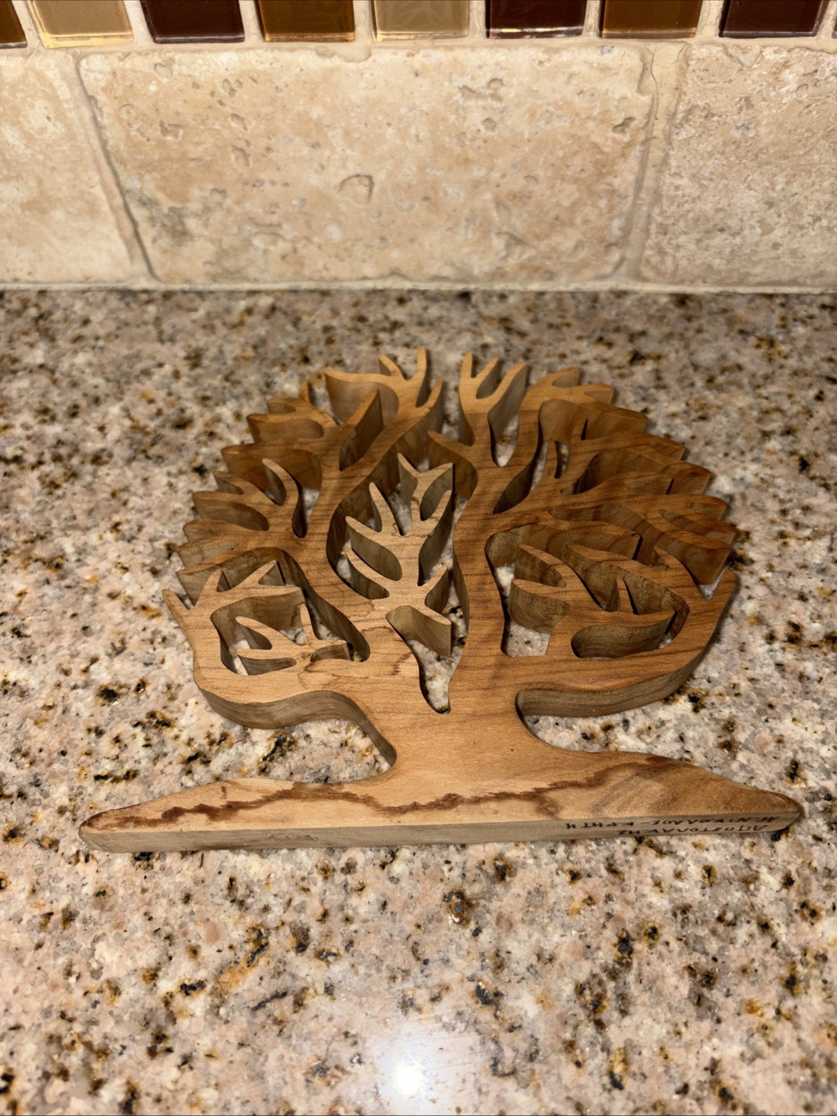 Wooden Tree Decoration has a signature on bottom – hand carved 5″ #F28