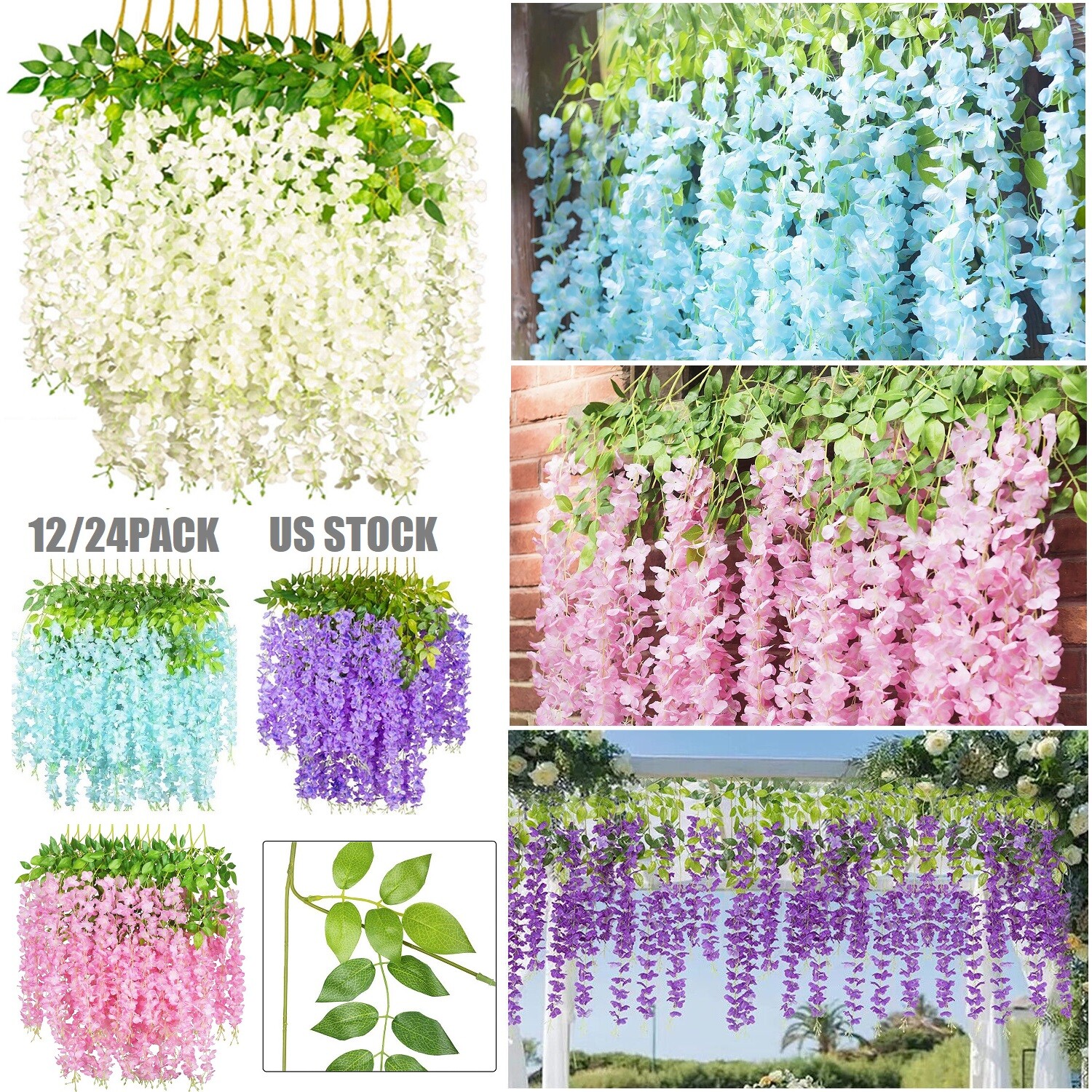 24Pcs Artificial Fake Wisteria Vine Ratta Hanging Garland Silk Flowers Decor USA
