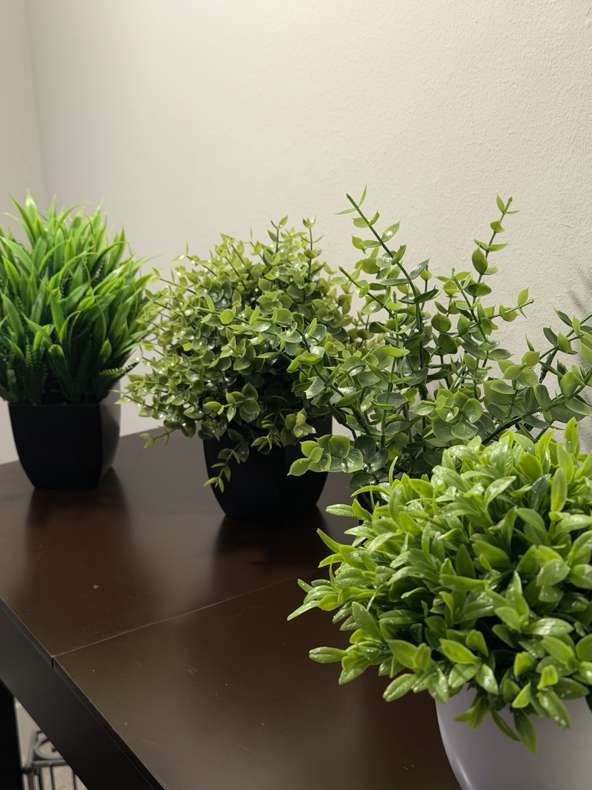 4 Pack Plants Small Faux Artificial Plastic Pots Indoor 3 Black 1 White Pot