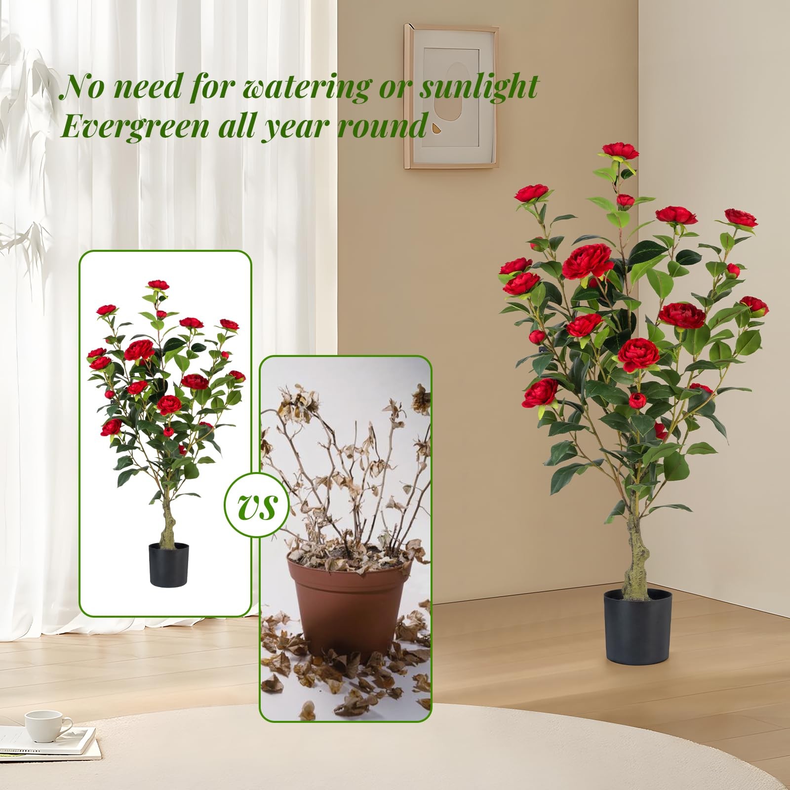 Artificial Camellia Tree 2 Pack, 3FT Faux Camellia Plant in Pot, 36 inch Fake…