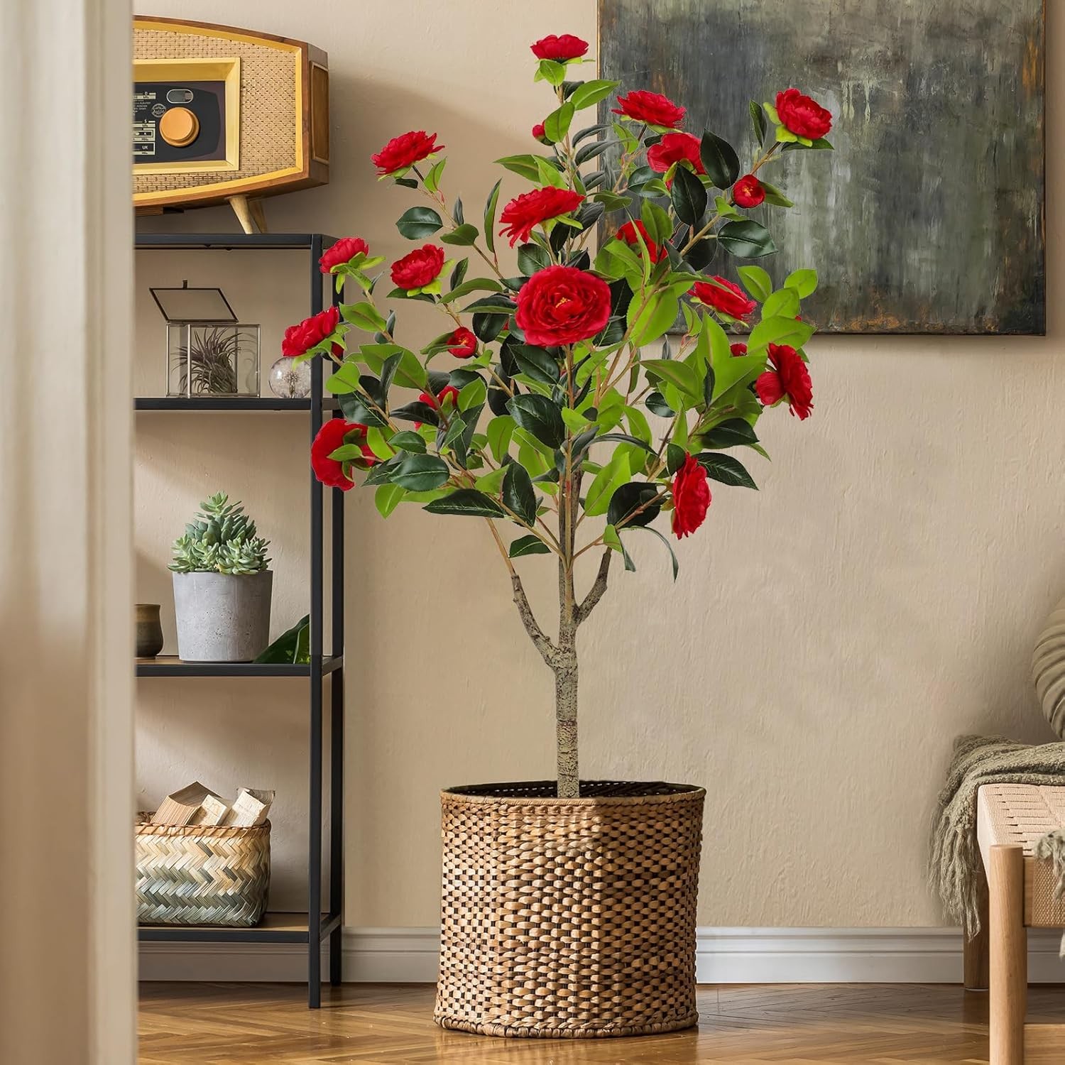 2 Pack 4FT Artificial Camellia Flower Tree Fake Plant Garden Yard Office Decor