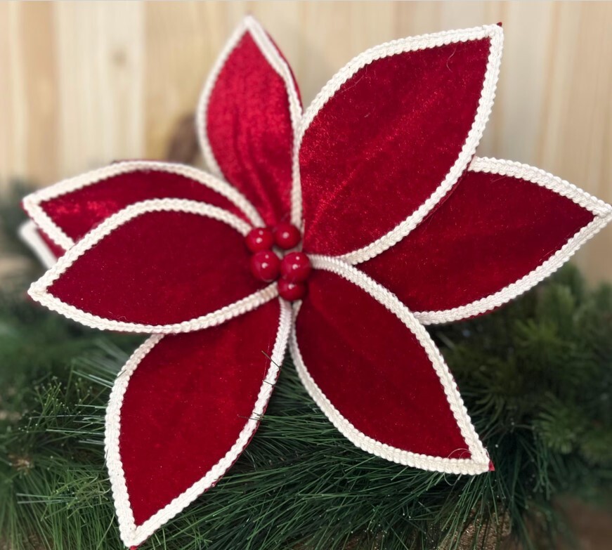 Red Velvet Natural Trim Edge Christmas Poinsettia Stem Flower Accent 24 inches