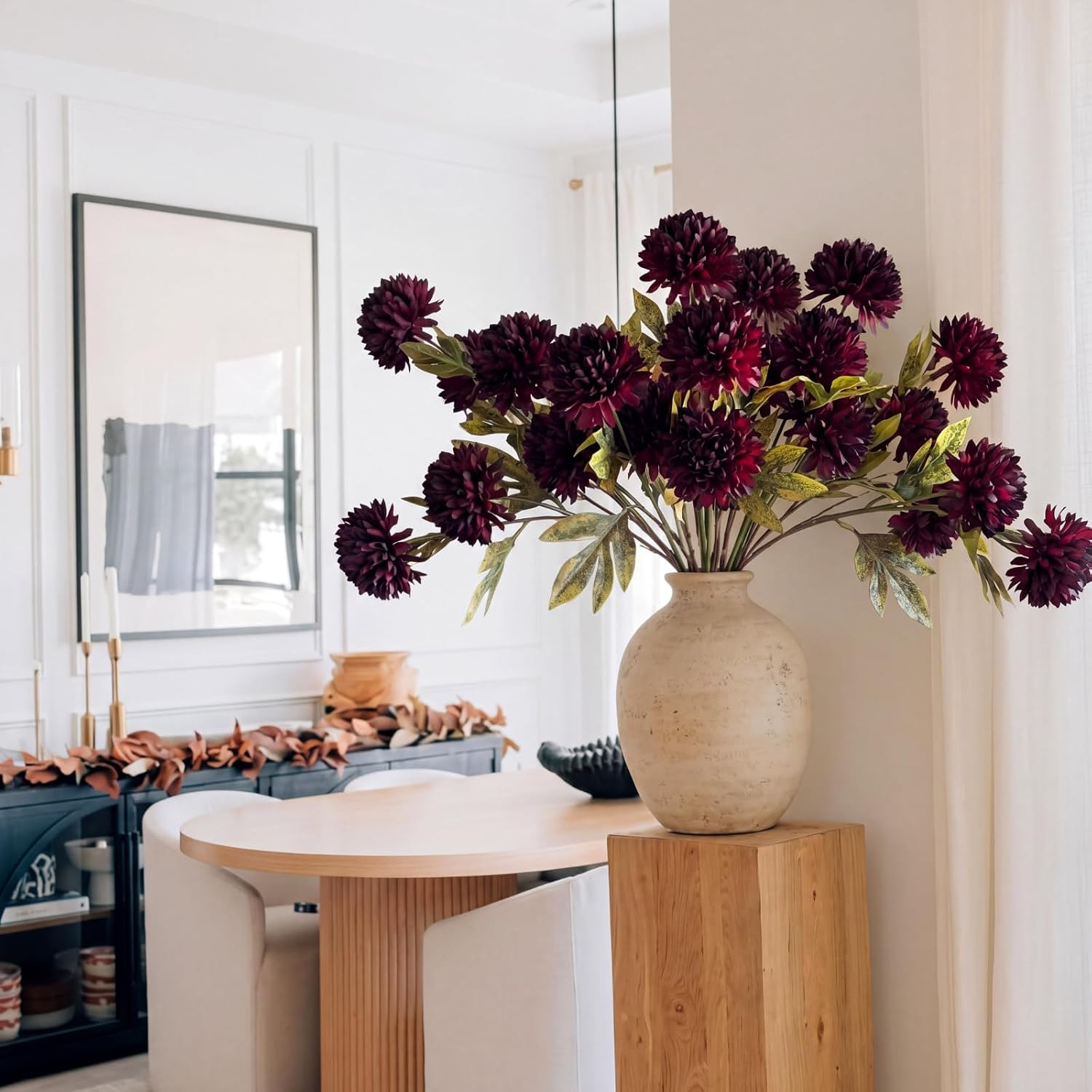 8 Pcs Faux Silk Pom Pom Chrysanthemum Flowers for DIY Wedding Decor (Red/Black)
