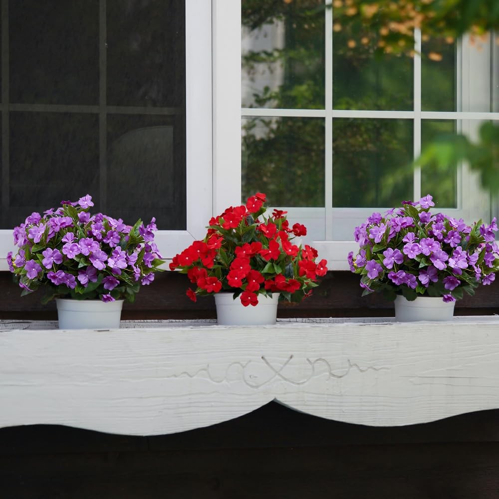 Artificial Plants Outdoor,4PCS 7Branches Fake Impatiens Artificial Flowers fo…