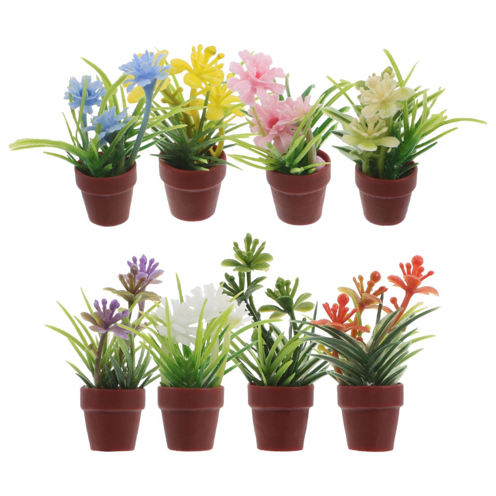 8Pcs Reusable Miniature Dollhouse Plants Artificial Potted Assorted Color Decor