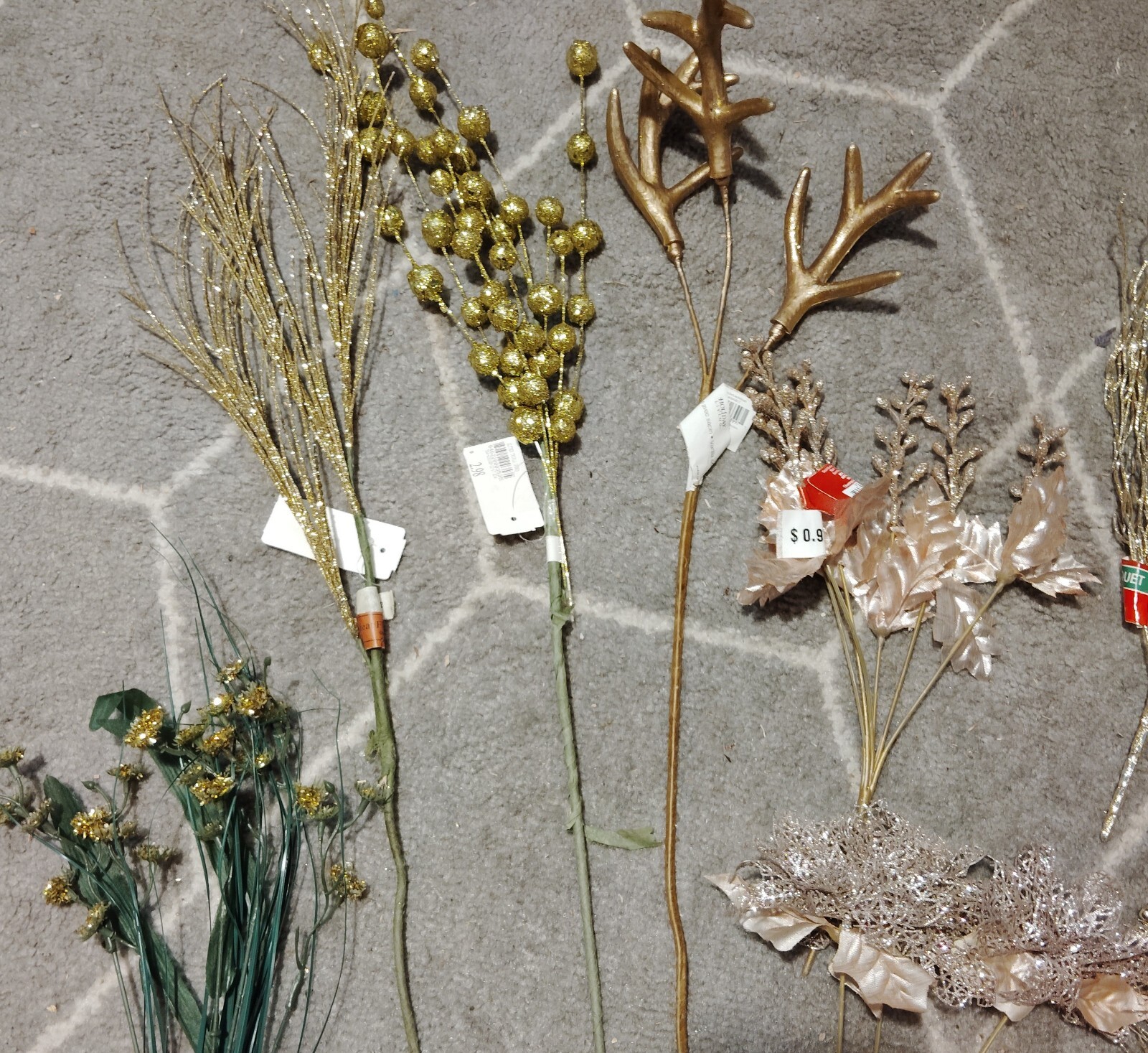 21 Faux Glitter Gold Branches, Flowers, Balls, Artificial Antler, Trees