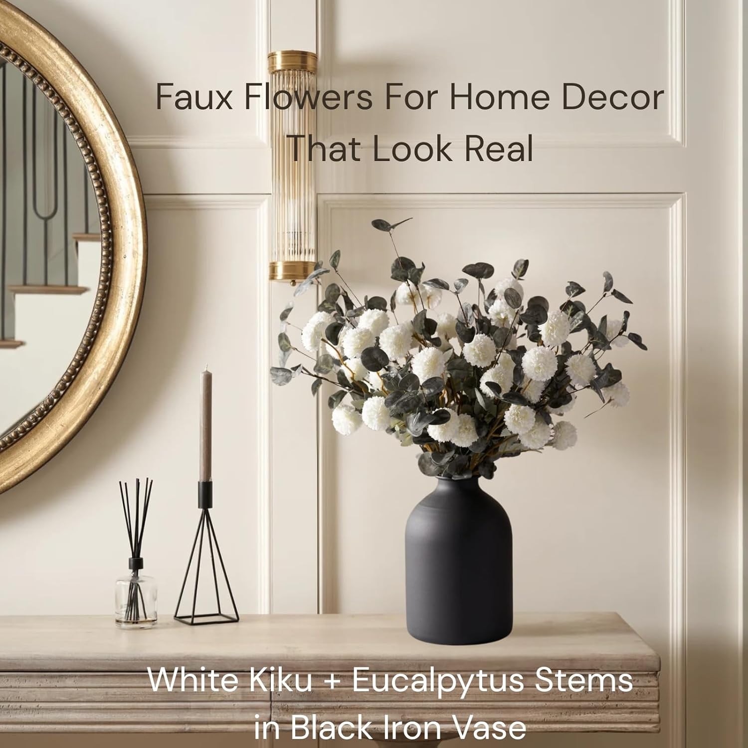 White Faux Flowers for Vase – Kiku 10 Stems & Eucalyptus, Fake Flowers Stems