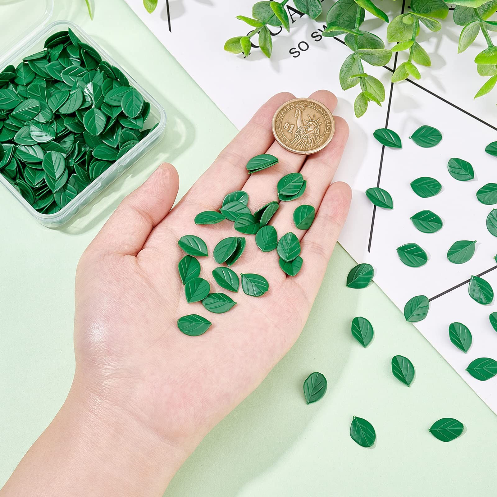 300pcs Artificial Green Leaves 14×9.5mm Miniature Mint Leaf Mini Artificial P…