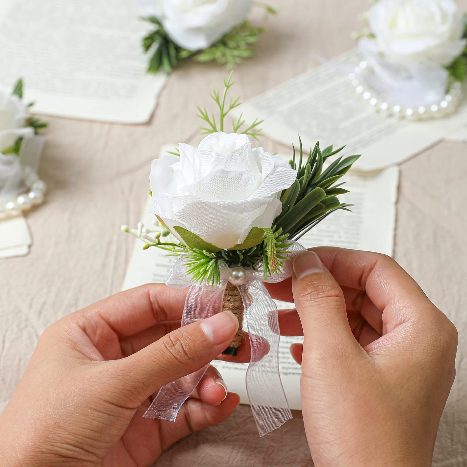 4 PCS White Rose Boutonniere For Men Artificial Flower Wedding Prom Party