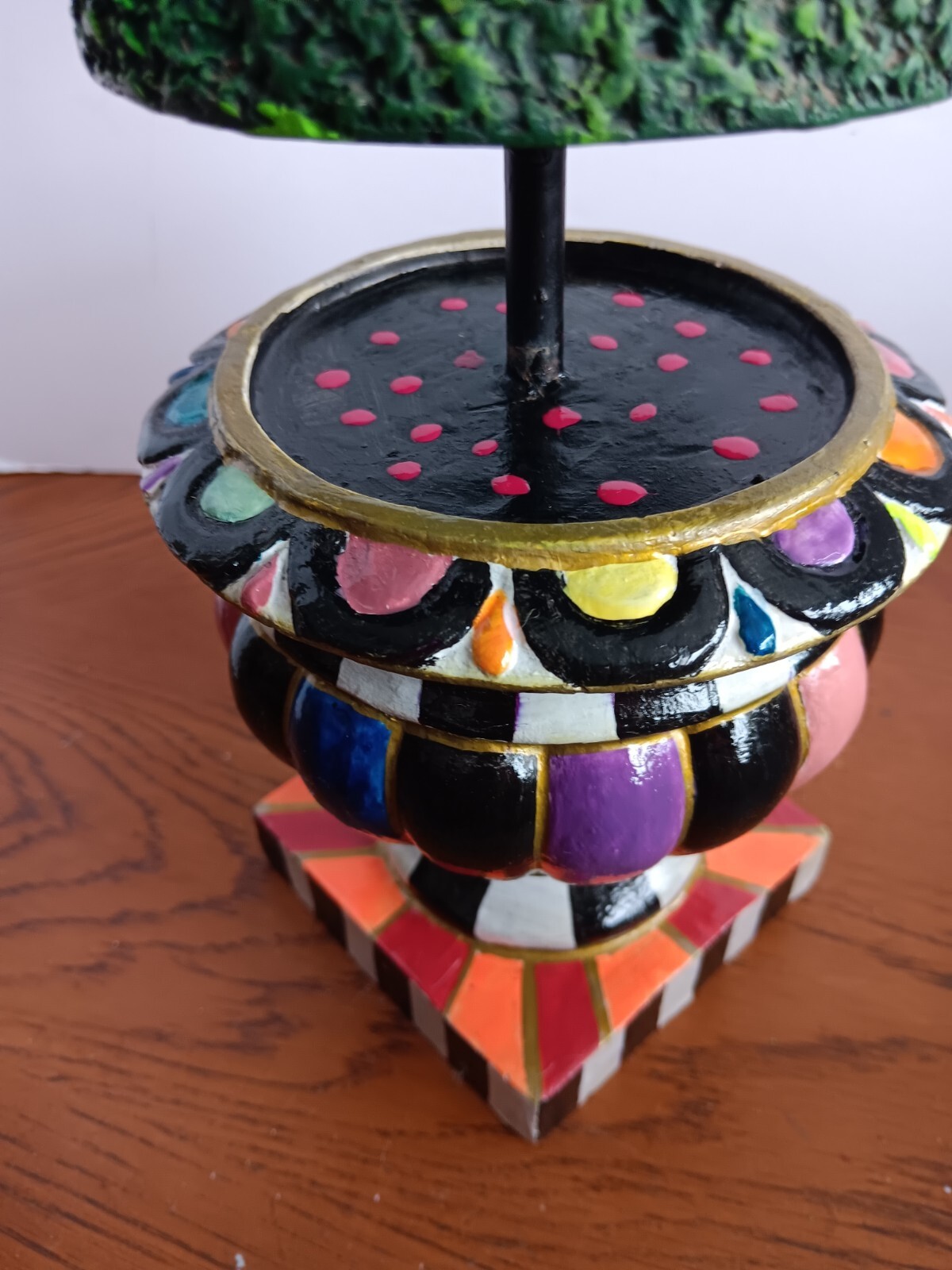 Whimsical Hand Painted Topiary w/ silk roses in Colorful Urn